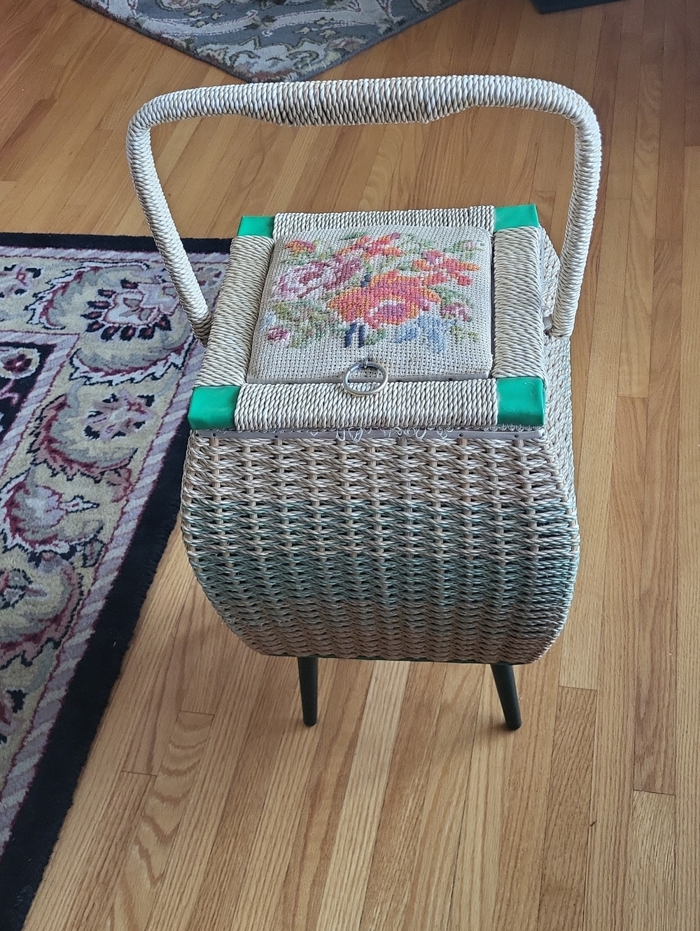 Woven Vintage Wicker Sewing Basket with Floral Needlepoint Lid - Green Accents.